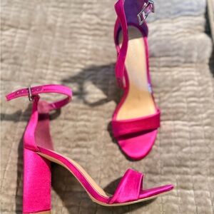Gianni Bini Fuchsia Satin Block Heel Sandals with Ankle Strap